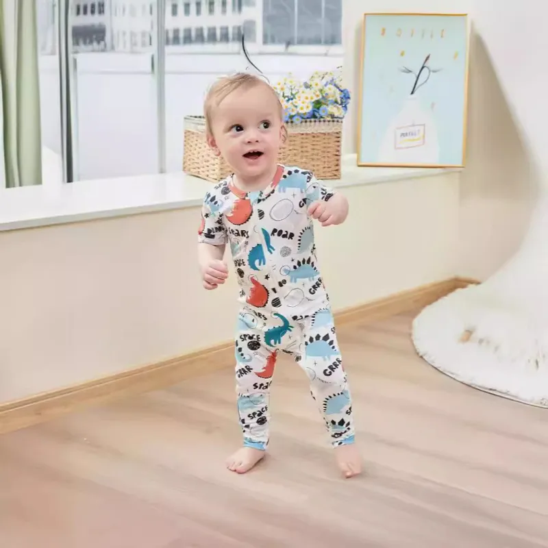 Baby bamboo fiber lightweight breathable soft dinosaur short sleeve jumpsuit