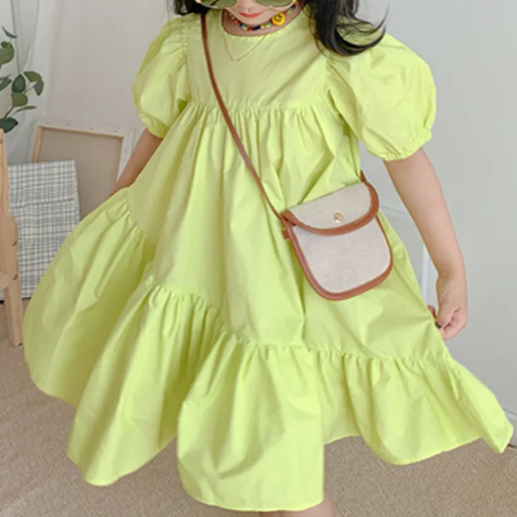 Solid color dress kids cotton princess baby girls puff sleeve ruffle dresses