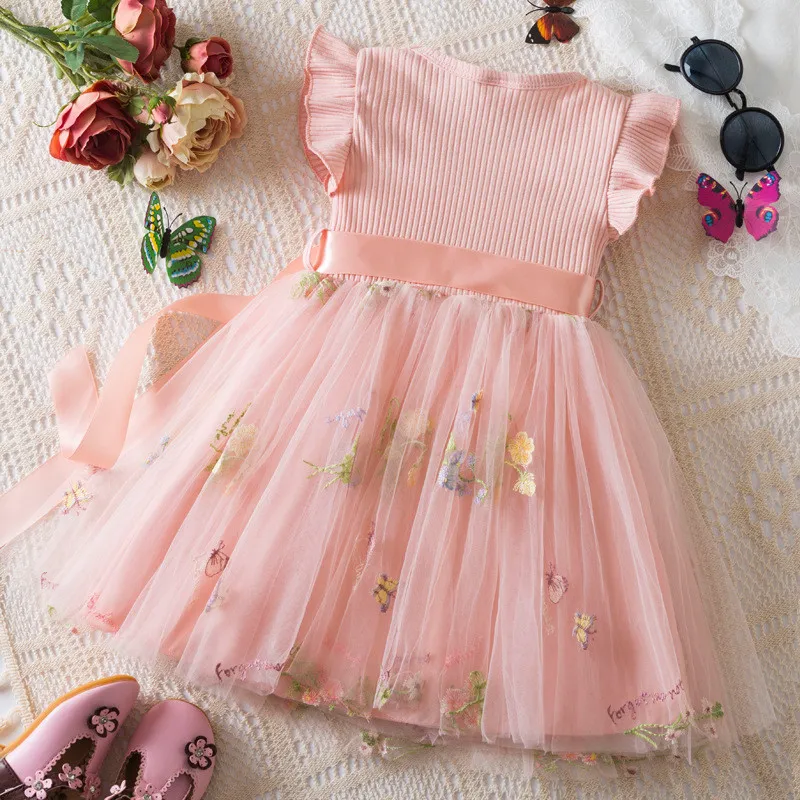 Girls' dress flounced sleeve flower embroidery mesh princess dress