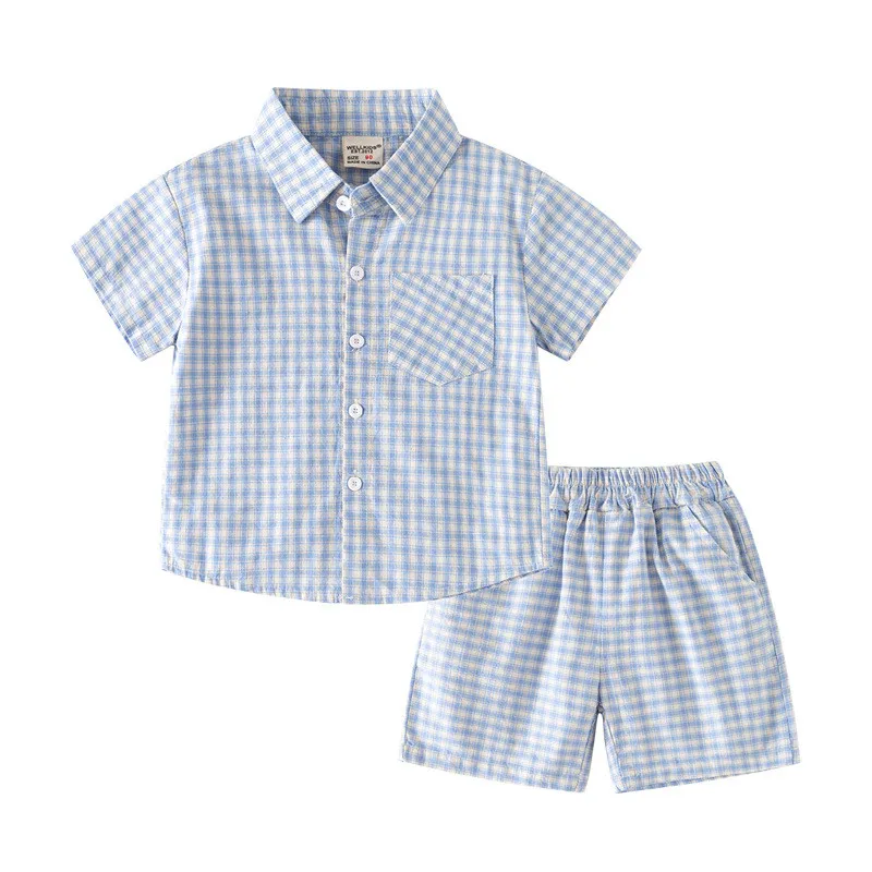 Boys' summer short sleeve suit children's plaid casual shirt two-piece set