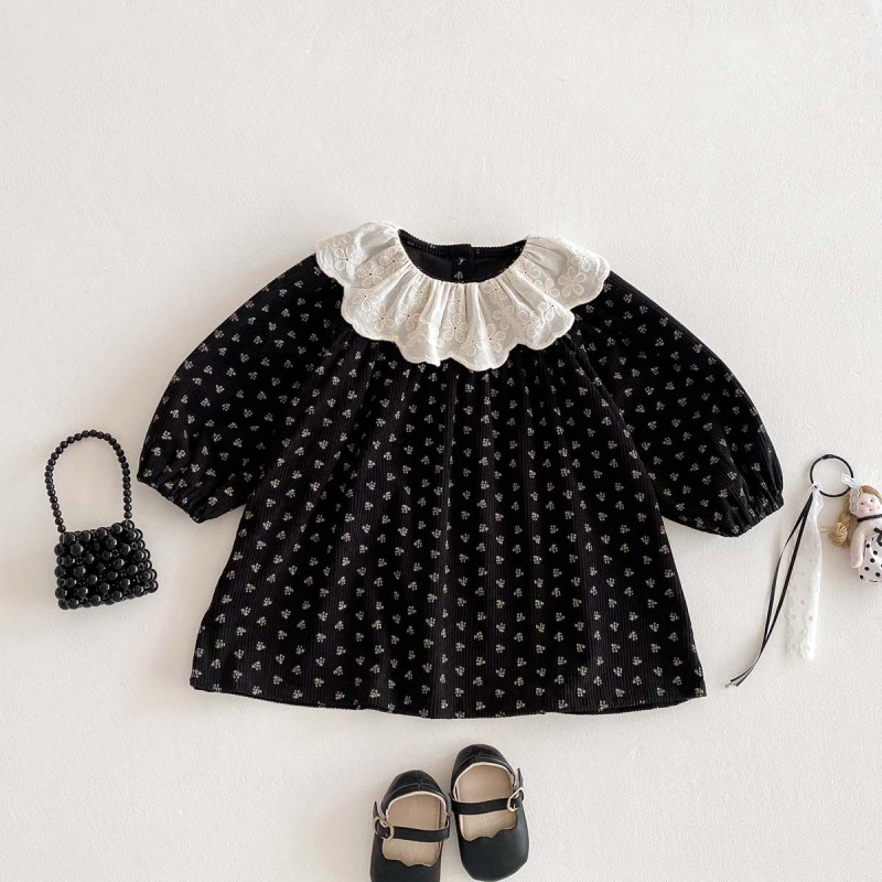 Corduroy dress infant cute lace Peter Pan collar Mori style floral skirt