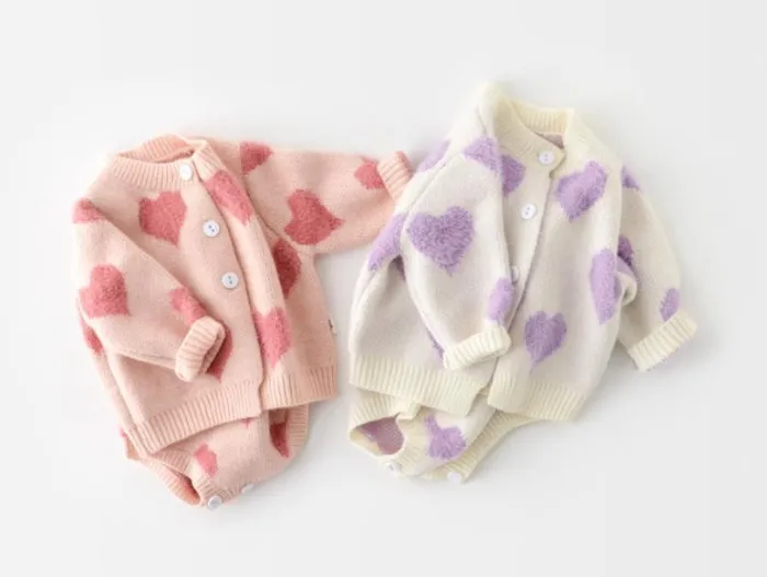 100% cotton Knit Long Sleeve Loving Heart Coat + Rompers Clothing Sets Girls Suit