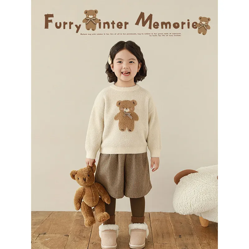 Girl's bear sweater Children's rib woven edge fluffy soft thermal sweater