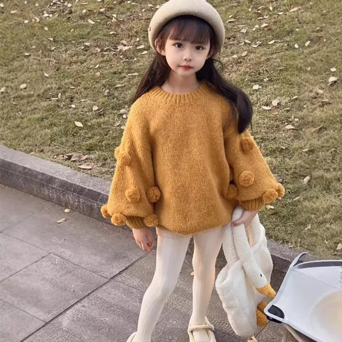 Girls' pullover sweater  baby girl lantern sleeve fur ball sweater