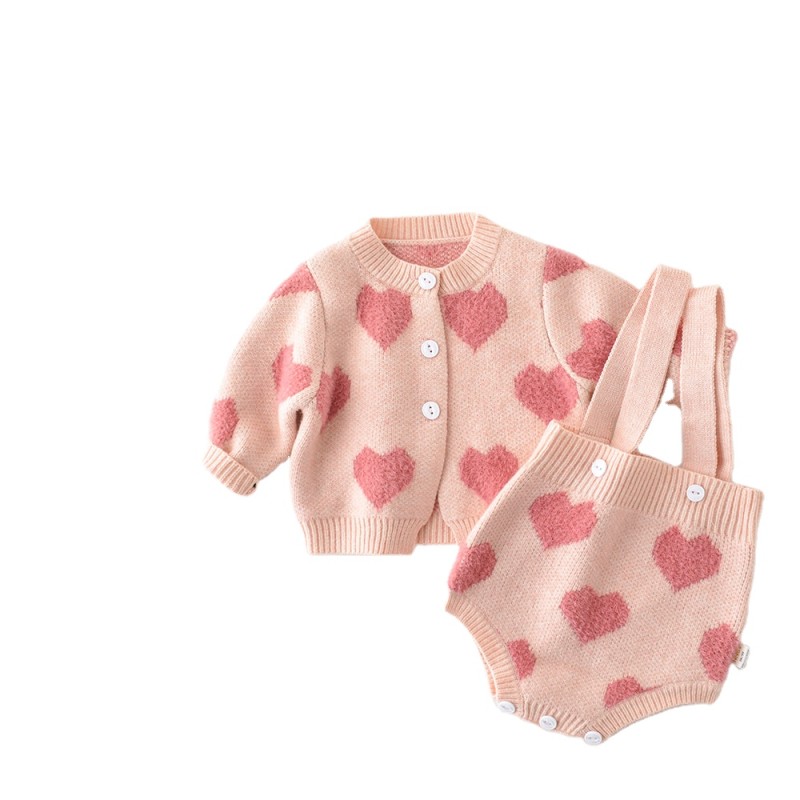 100% cotton Knit Long Sleeve Loving Heart Coat + Rompers Clothing Sets Girls Suit