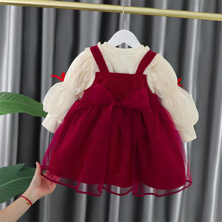 Two Piece Set red pink infant Bubble Sleeves baby girls dresses with shoulder bag birthday dress