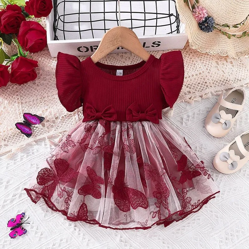 Girls Princess Dress Flying Sleeve Knitted Bow Butterfly Mesh Skirt  A-line Dress