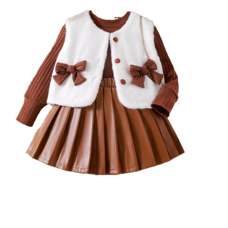 Baby Toddler Girl Clothes Fall Winter Outfits Child Tops+Fur Vest+Skirts 3 Piece Kids Clothing Sets