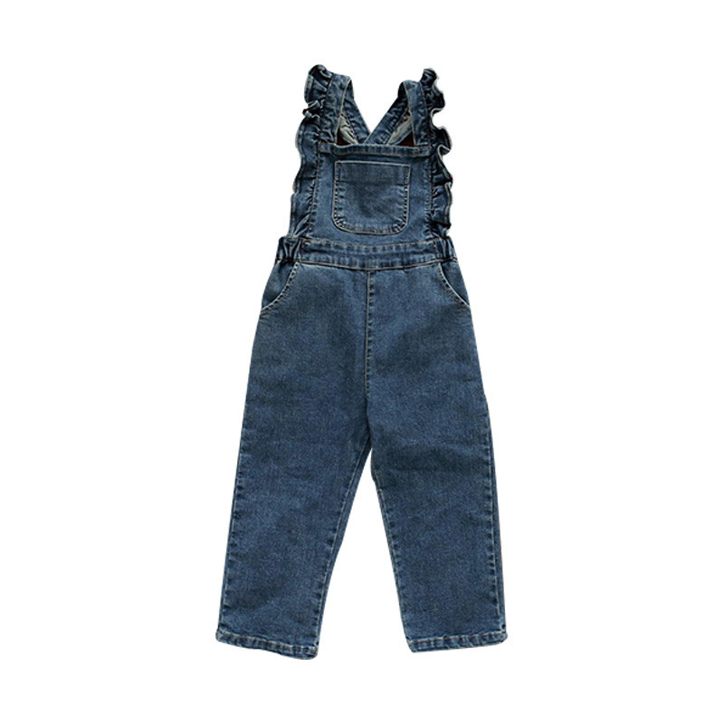 Children's clothing children Girl Lotus shoulder denim jumpsuit