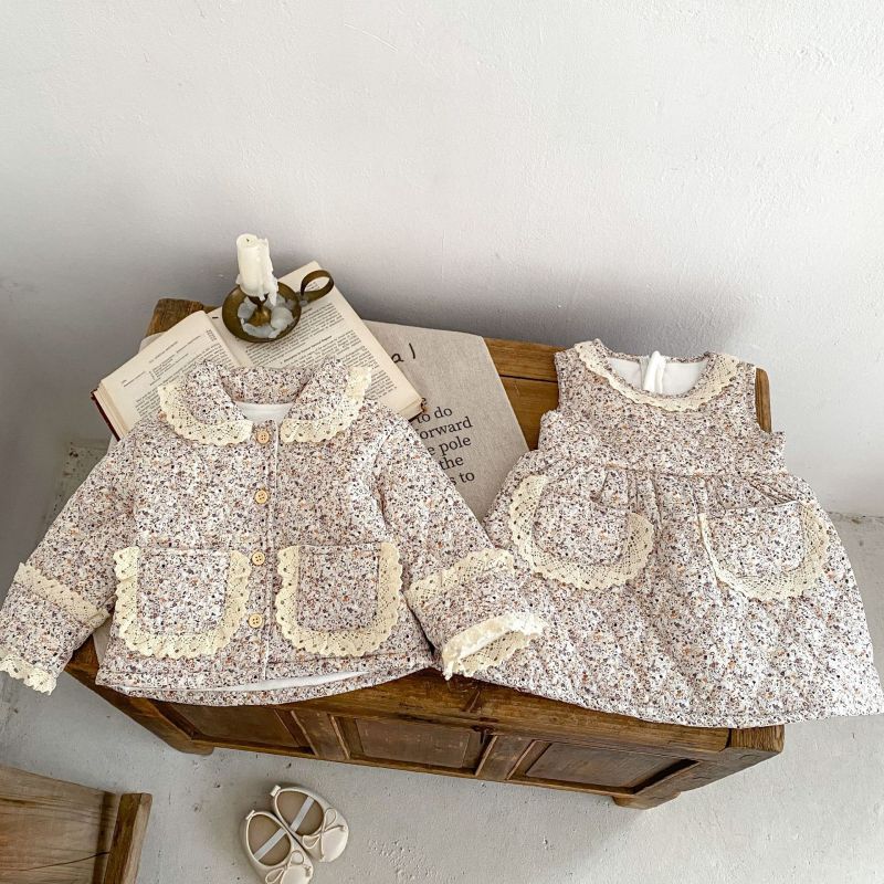 Winter Girls' Velvet Lace Edge Coat Printed Newborn Sleeveless Skirt