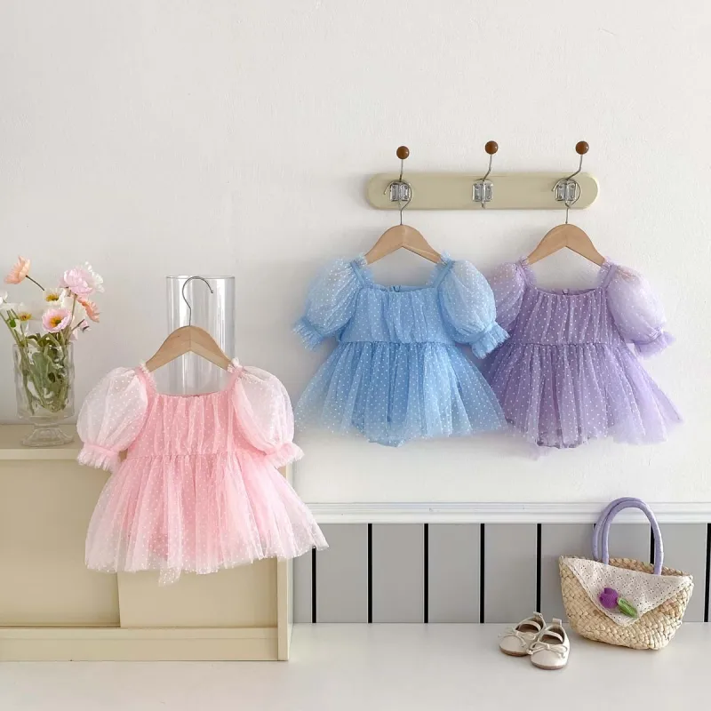 Girl's puff sleeve dress summer mesh sweet polka dot princess rompers