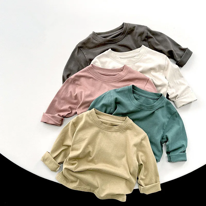 Spring Autumn Boys And Girls Solid Color Cotton Tops Baby Retro T-Shirt