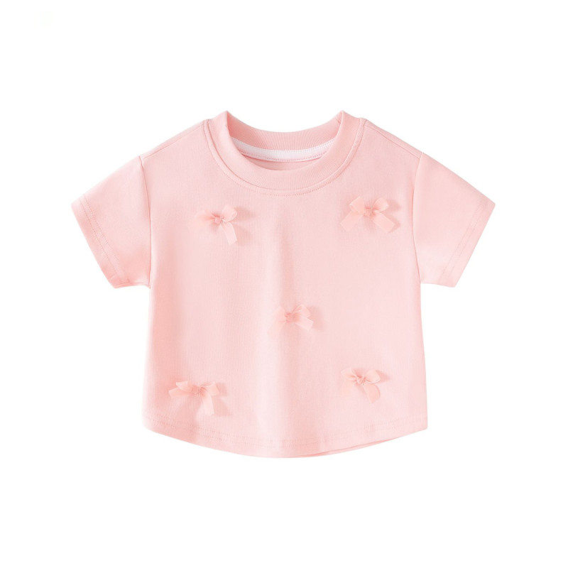 Girls' bow short-sleeved summer clothes baby girl top small children's clothing
