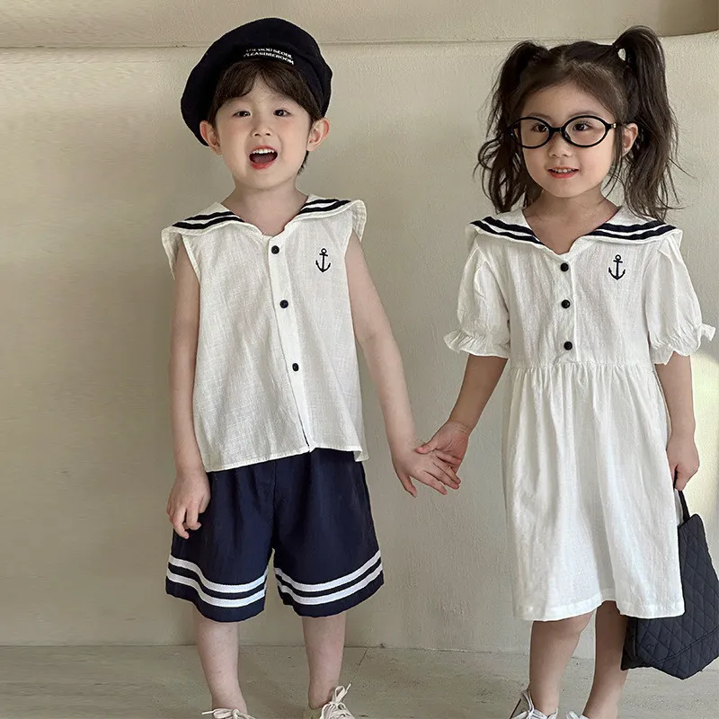 Children's summer suit cotton navy style girl dress summer clothes