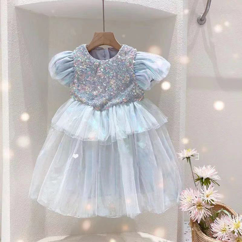 Girl mermaid gradient dress tulle tutu skirt puff sleeve princess gown dress