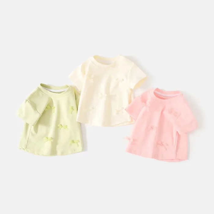 Girls' bow short-sleeved summer clothes baby girl top small children's clothing
