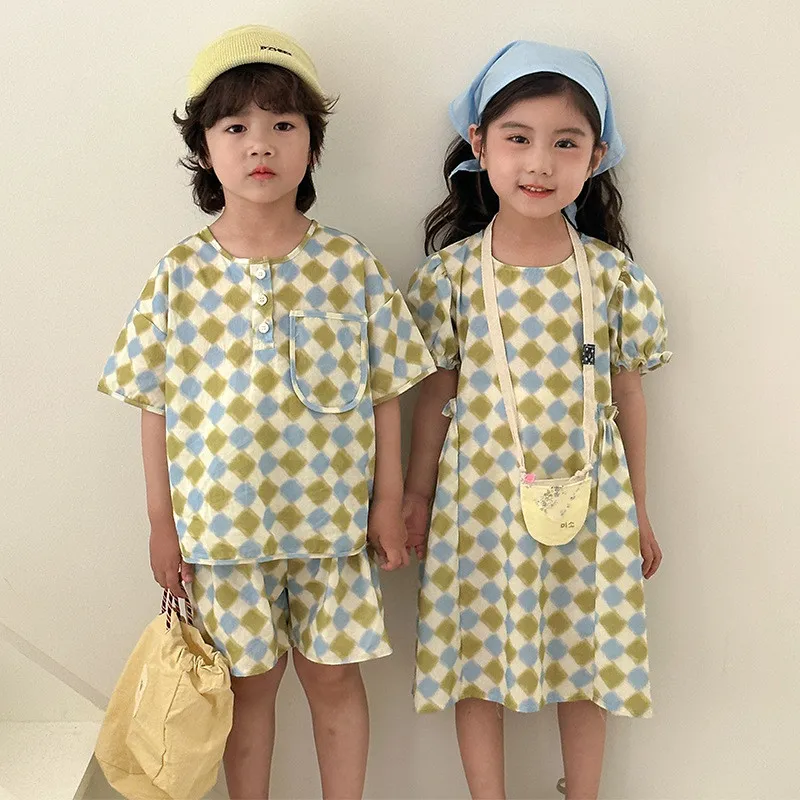 Children's summer suit plaid cotton baby fashionable girls dress siblings costume