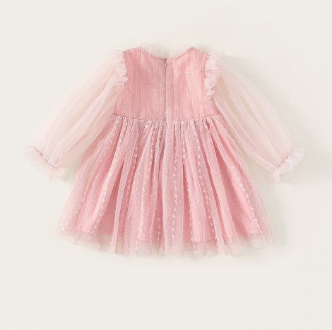 Children's Spring  Dresses Long Sleeve Net Tulle Puff Dress for Girls Pink Dress