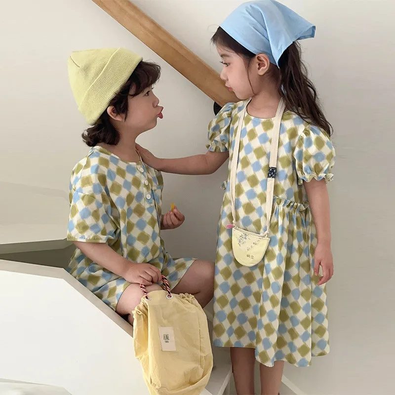 Children's summer suit plaid cotton baby fashionable girls dress siblings costume