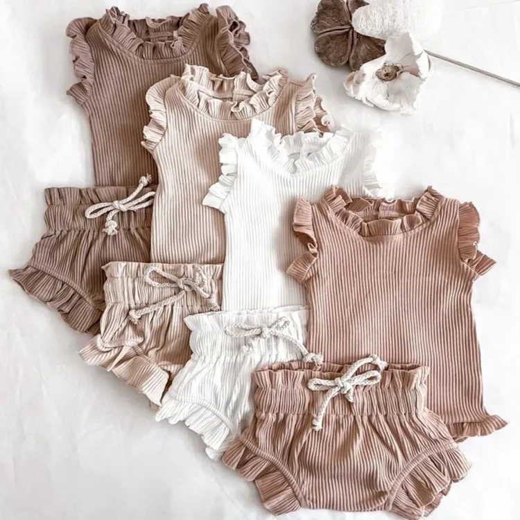 Cotton Jumpsuit Shorts NewBorn Girl Ruffle  Baby Clothing Set With Headband