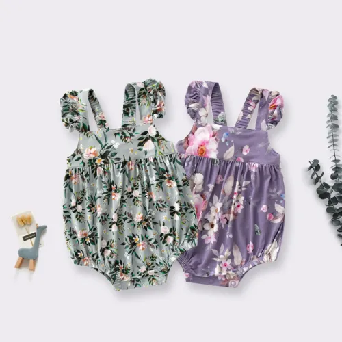 Summer Flowers Bamboo Clothes Headband Girl' Ruffle Rompers Floral Baby Romper