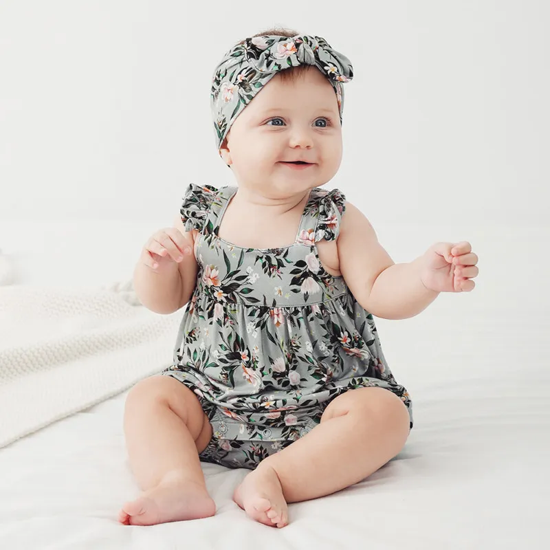 Summer Flowers Bamboo Clothes Headband Girl' Ruffle Rompers Floral Baby Romper