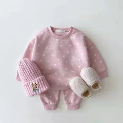 Spring Autumn Infant Children's Suit Cotton Long Sleeve Printed Love Top Pants 2 Pieces Set