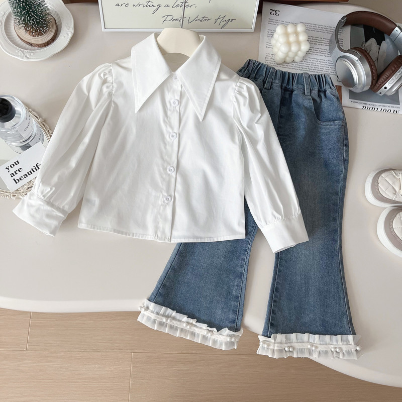 Children's Autumn Knitted Waistcoat Shirt Casual Set Children Girls Jeans Set