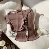 Summer Girls Outfit with Short Sleeves Cuff Bell-Bottom Long Pants Two piece Set