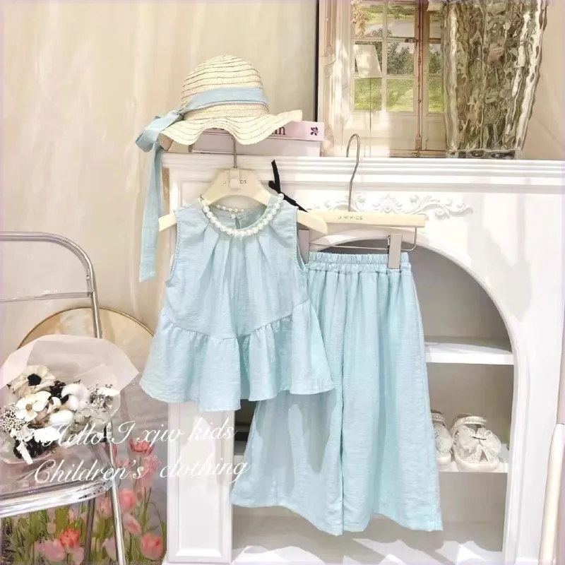 Girls Clothing Set Sleeveless with Pleats and Wide-Leg Pants Set