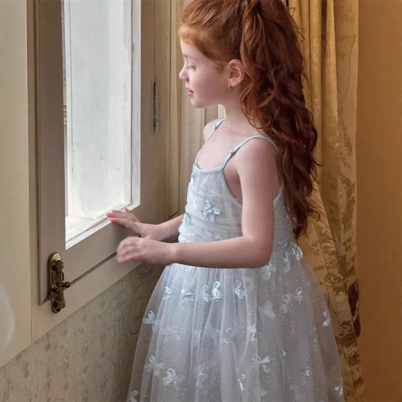 Girls' Princess Dresses Sleeveless Mesh Bright Diamond Bow Floral