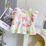 Summer Baby Suit Floral Shirt Top Sleeveless Baby Shirt Sweet Bell-bottom Pants