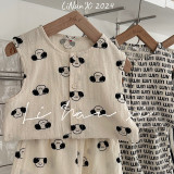 Summer New Cotton Linen-like Ins Wind Two-piece Set Baby Sleeveless Top Middle Pants
