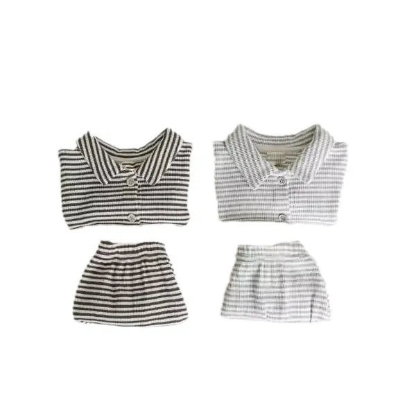 Newborn Spring Two-Piece Set Striped Top Cardigan Coat with Button Closure Shorts
