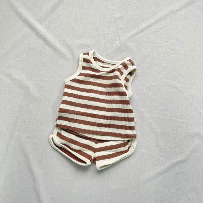 Summer Breathable Children's Clothing Casual Boys Girls Stripes Waffle Suit with Vest Shorts