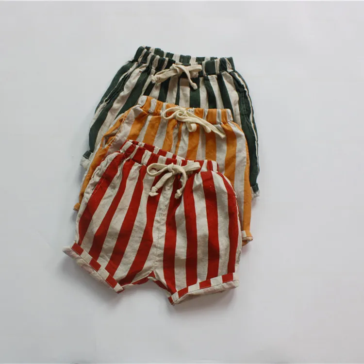 Summer Wide Striped Linen Cotton Casual Kids Shorts Baby Shorts