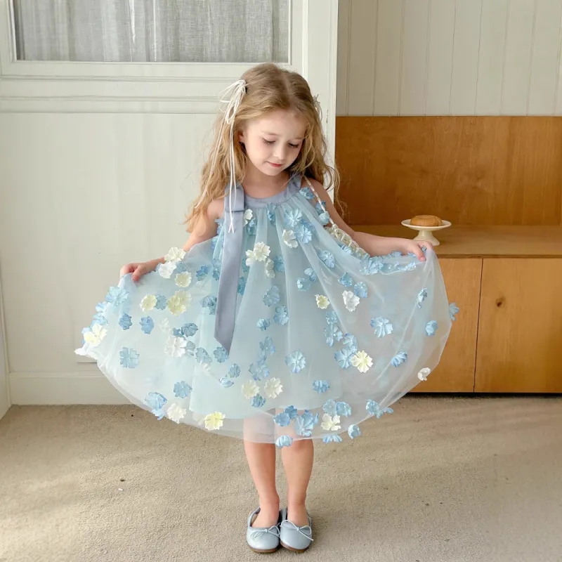 Summer Sleeveless Lace-Up Skirt Super Fairy Floating Gauze with Stereo Flower Girls dress