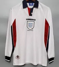 1998 England Home Retro Long Sleeve Soccer Jersey