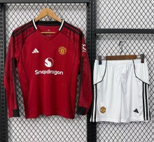 25-26 Man Utd Home Long Sleeve Kids Soccer Jersey（长袖）